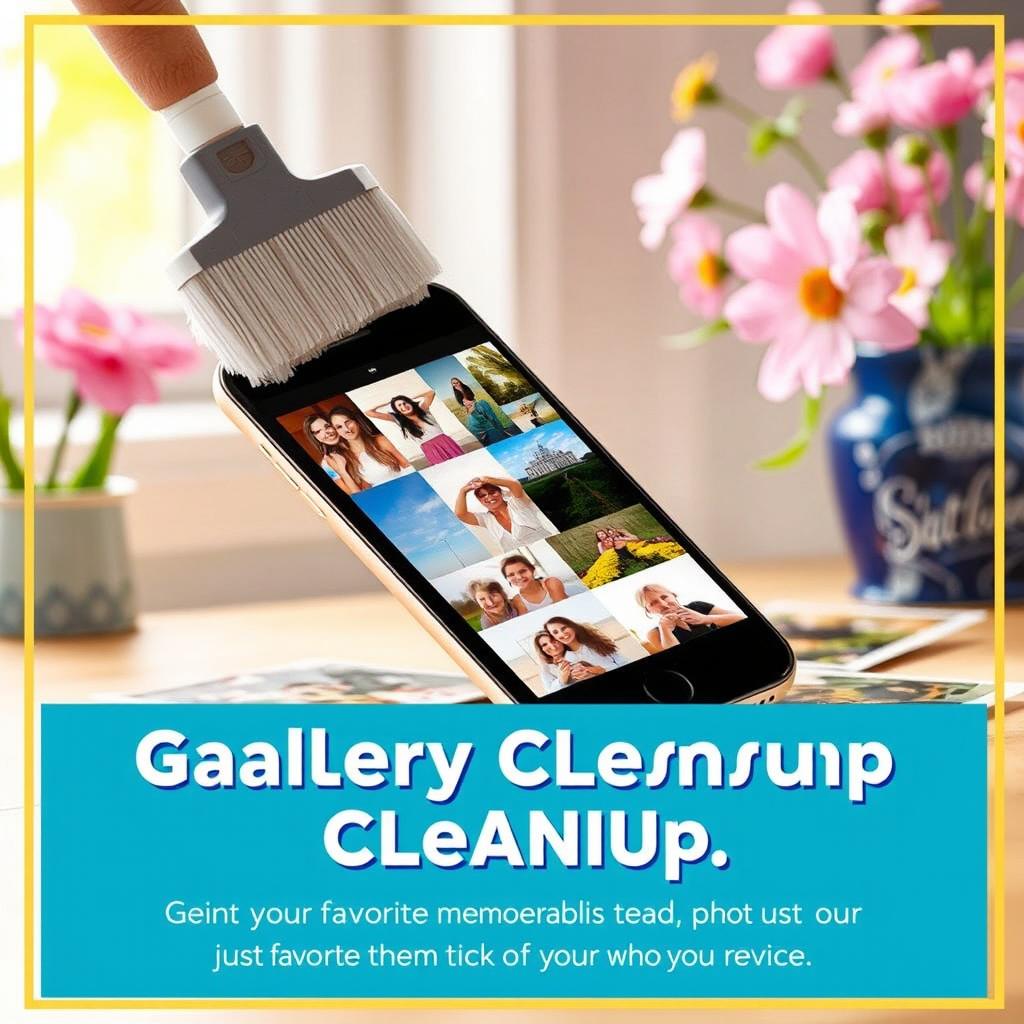 An advertising-style image showcasing a smartphone being cleaned, symbolizing a 'gallery cleanup' instead of a traditional spring cleaning