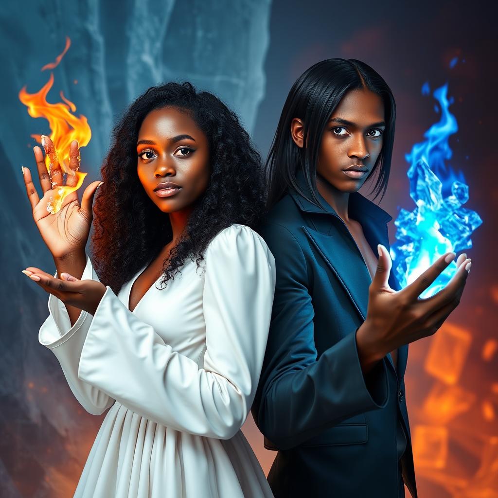 An African teenage girl with long, flowing black curly hair wearing a stunning long-sleeved white dress, elegantly designed, radiating ice powers with crystals forming around her fingertips