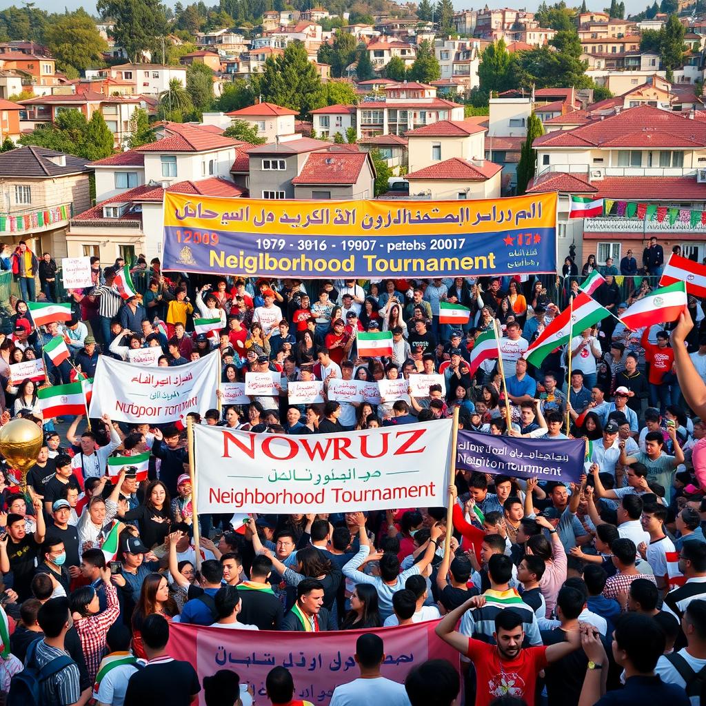 A vibrant advertisement for a neighborhood tournament celebrating Nowruz, featuring a bustling stadium filled with joyous spectators