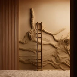 Ultra-detailed, high-definition architecture photograph presenting a minimalist wall designed in Japandi style. The wall is complemented with elements of sand, an abstract painting, and a retro wooden ladder.