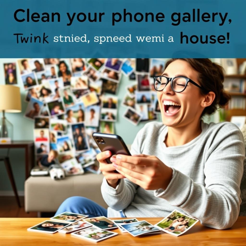 A creative and humorous advertisement depicting the concept of 'cleaning a phone gallery' instead of spring cleaning a house