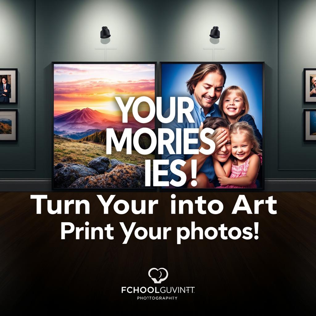 A vibrant advertisement poster promoting photography printing services, showcasing beautifully printed photographs displayed in an artistic gallery setting