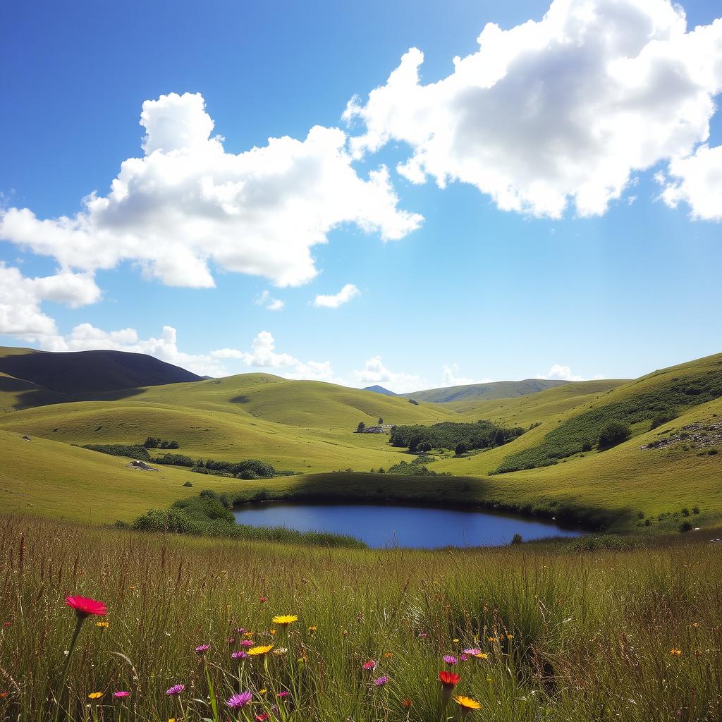 A serene landscape with rolling hills under a bright blue sky, lush greenery all around, and a small tranquil lake reflecting the sunlight