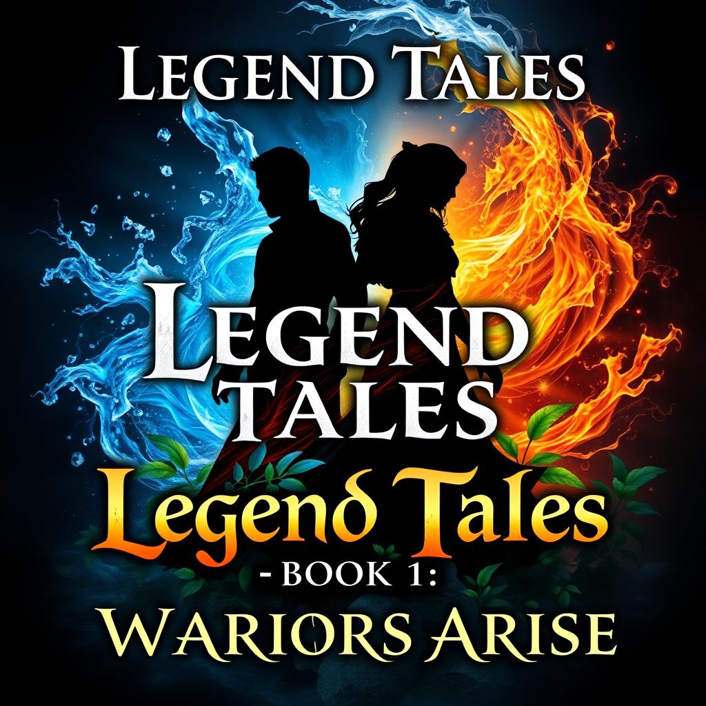 A captivating book cover design titled 'Legend Tales Book 1: Warriors Arise', featuring two black silhouettes at the center