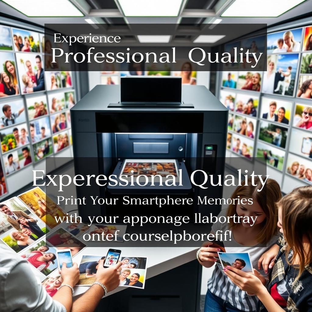 A stunning advertisement for smartphone photo printing services featuring a professional laboratory printer
