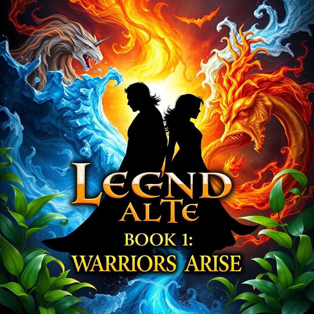 An enchanting book cover for 'Legend Tales Book 1: Warriors Arise', showcasing two black silhouettes at the center