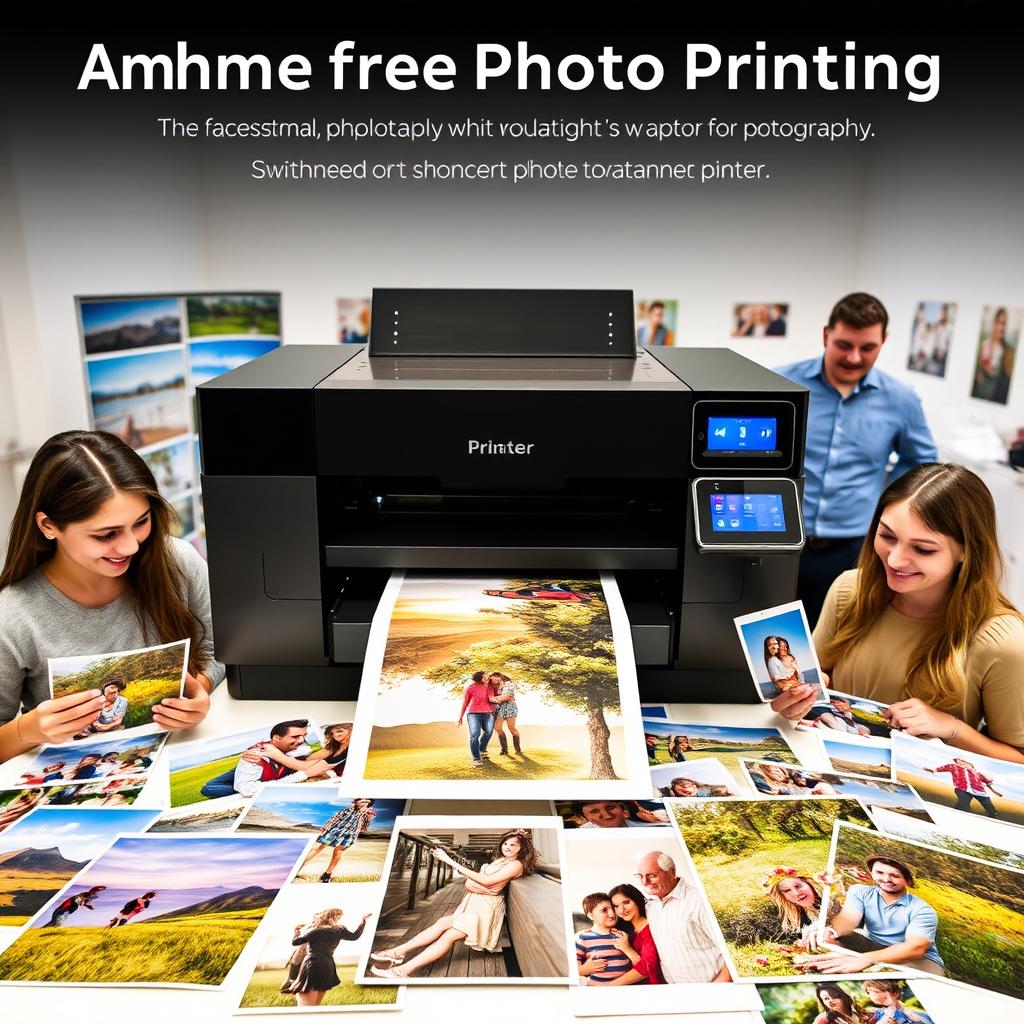 An attractive advertisement for smartphone photo printing services featuring a professional laboratory printer