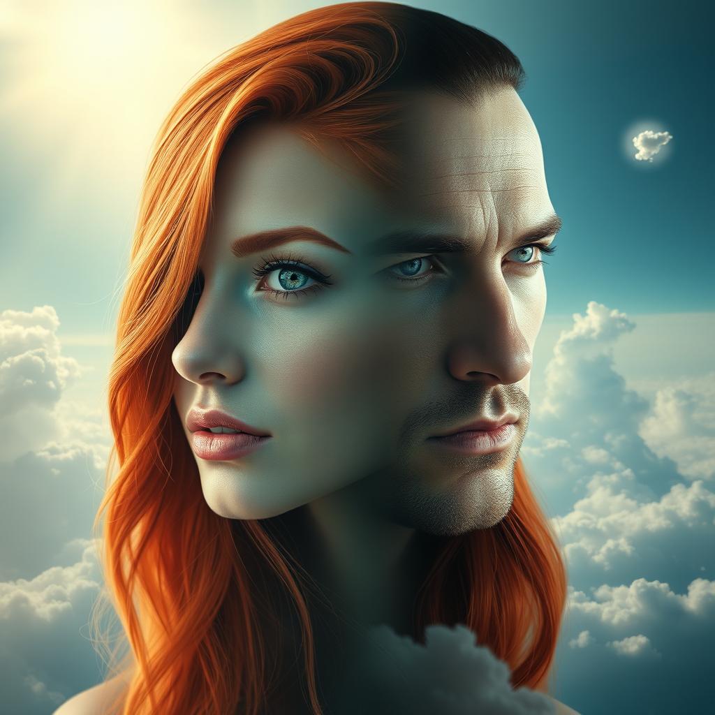 A surreal art piece featuring two faces blended harmoniously together