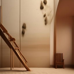 Ultra-detailed, high-definition architecture photograph presenting a minimalist wall designed in Japandi style. The wall is complemented with elements of sand, an abstract painting, and a retro wooden ladder.