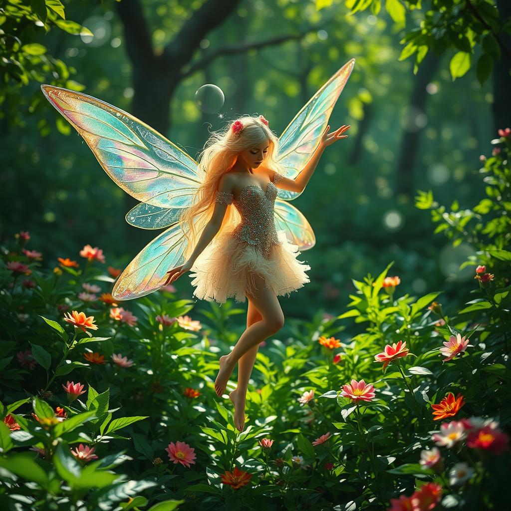 A magical fairy with iridescent wings, dancing gracefully among the vibrant green foliage of an enchanted forest