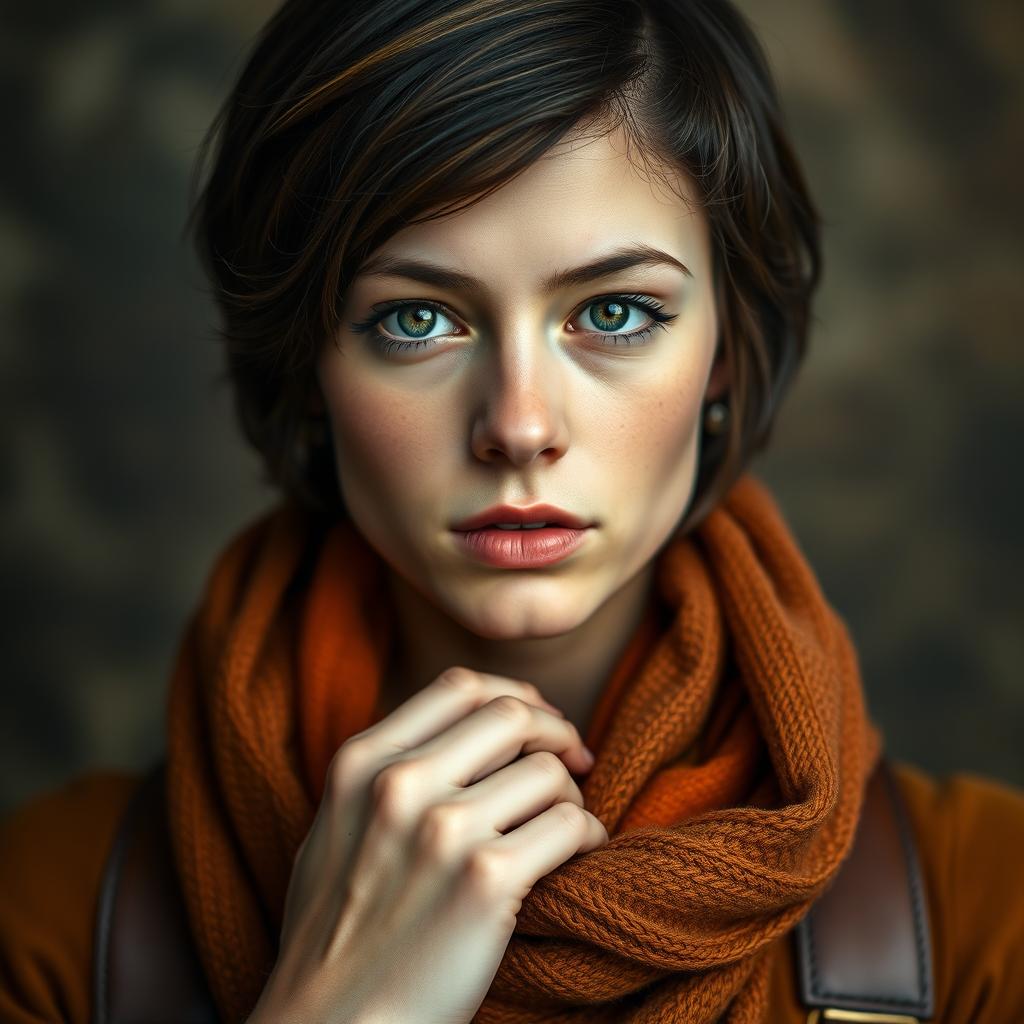 A portrait of Ellie Williams, a young woman with short, dark hair and intense green eyes, wearing a stylish scarf