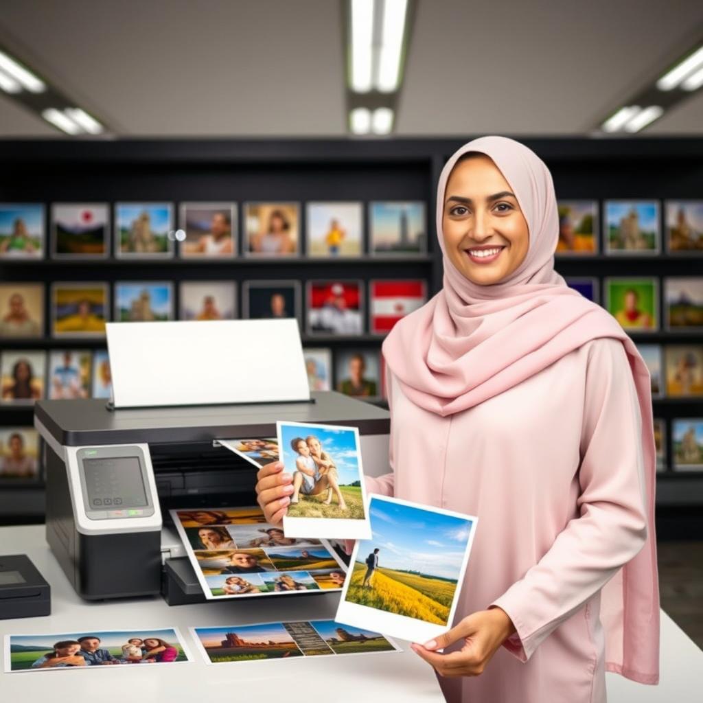 An elegant advertisement for smartphone photo printing services featuring a smiling Iranian woman wearing a hijab