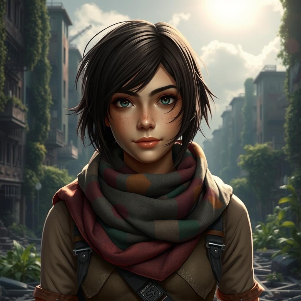 A character resembling Ellie Williams from a post-apocalyptic setting, wearing a colorful scarf wrapped around her neck