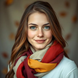 A portrait of a young woman resembling Ellie Williams, featuring a soft expression and warm gaze