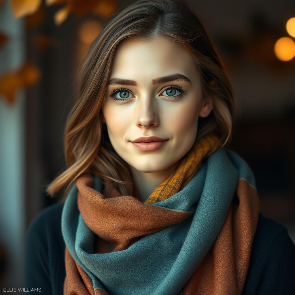 A portrait of a young woman resembling Ellie Williams, featuring a soft expression and warm gaze