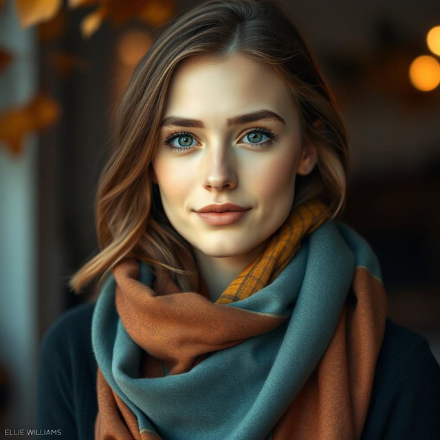 A portrait of a young woman resembling Ellie Williams, featuring a soft expression and warm gaze