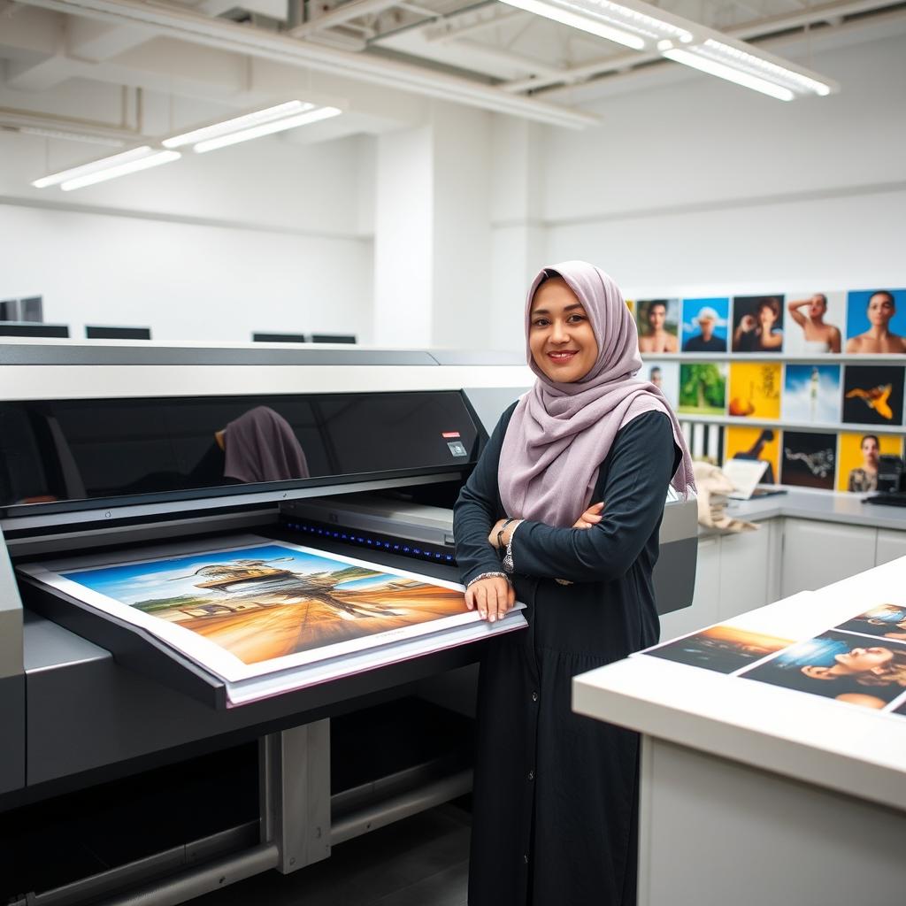A beautiful Iranian woman wearing a hijab, standing proudly next to a large, sophisticated printing machine in a modern laboratory setting