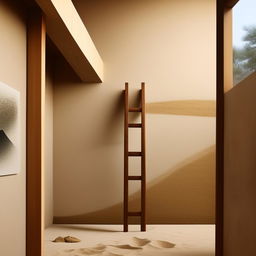 Ultra-detailed, high-definition architecture photograph presenting a minimalist wall designed in Japandi style. The wall is complemented with elements of sand, an abstract painting, and a retro wooden ladder.