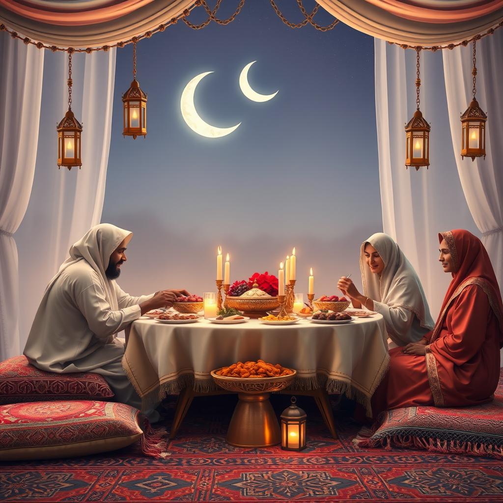 A serene and beautifully decorated Ramadan setting, capturing the essence of the holy month