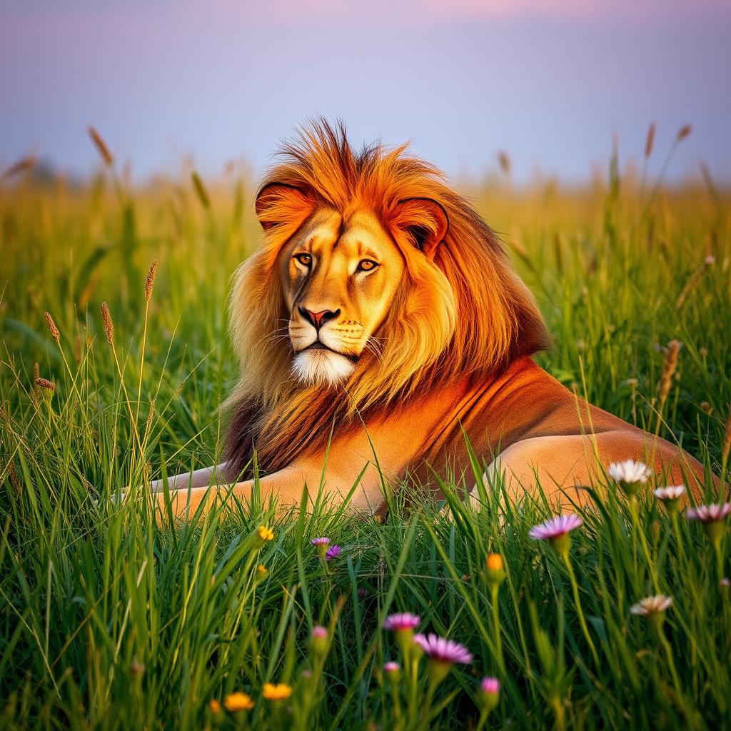 A stunning photograph of a majestic lion resting in the tall grass, showcasing its power and regal presence