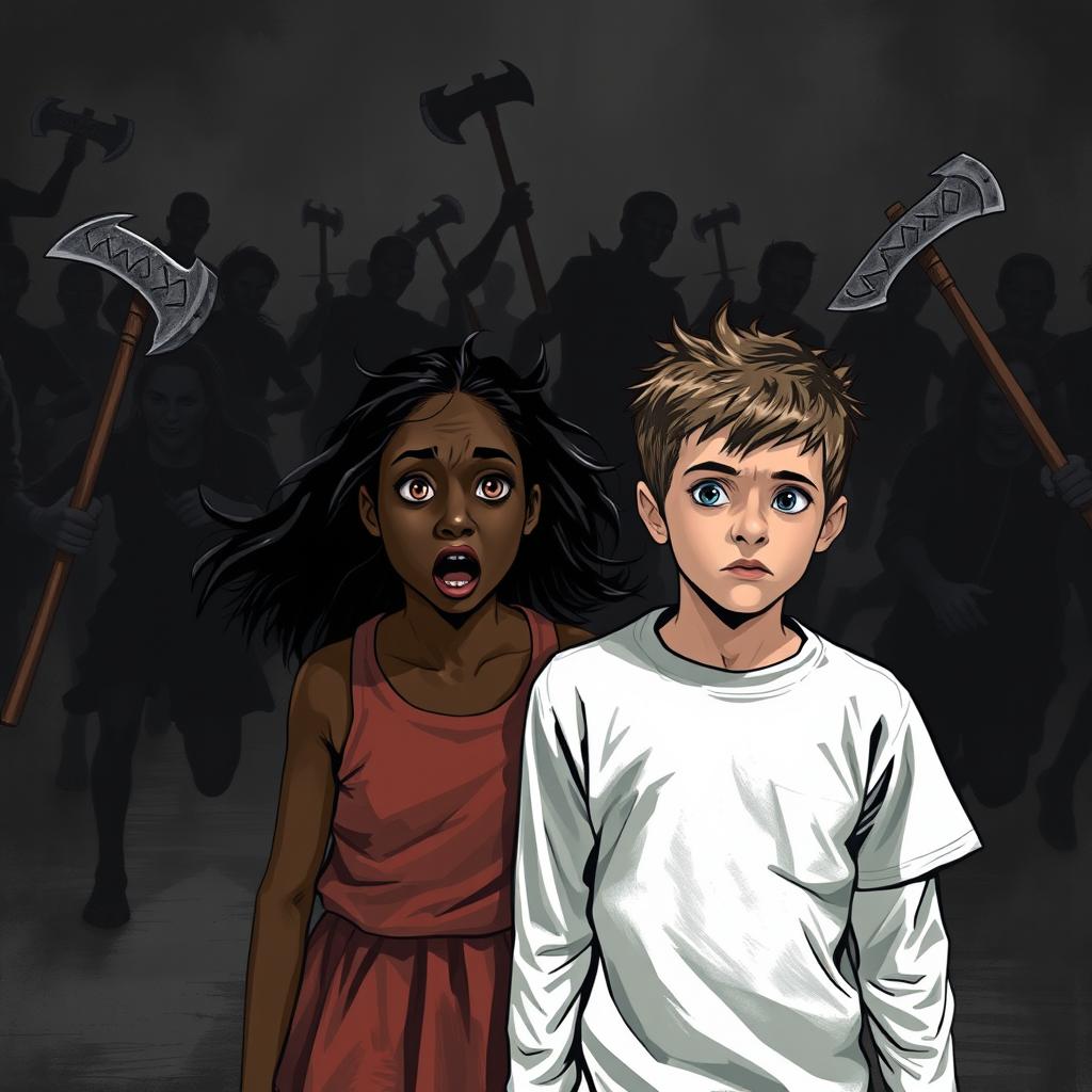 In a dark, ominous setting, black running figures with monstrous weapons, such as oversized axes and jagged swords, create a menacing backdrop