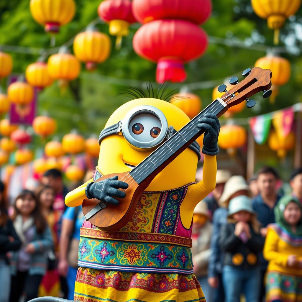 A whimsical Minion, characteristically yellow and spherical, passionately playing a traditional Iranian fiddle, known as the Kamancheh