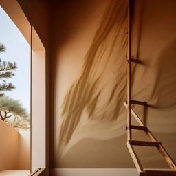 Ultra-detailed, high-definition architecture photograph presenting a minimalist wall designed in Japandi style. The wall is complemented with elements of sand, an abstract painting, and a retro wooden ladder.