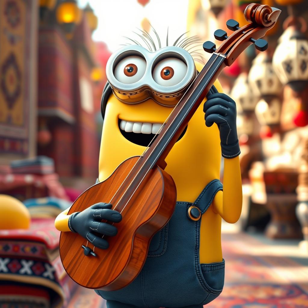 A cheerful Minion playing a traditional Iranian violin instrument called the Kamancheh