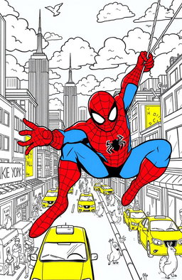 A vibrant and engaging coloring book page featuring a dynamic scene of Spider-Man swinging through the bustling streets of New York City