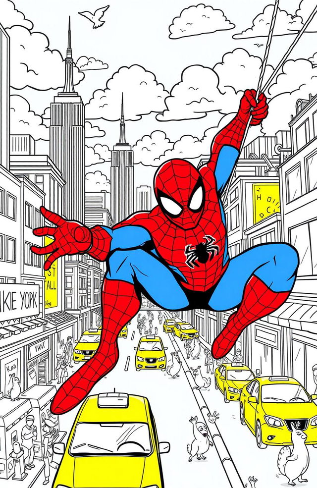 A vibrant and engaging coloring book page featuring a dynamic scene of Spider-Man swinging through the bustling streets of New York City