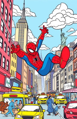 A vibrant and engaging coloring book page featuring a dynamic scene of Spider-Man swinging through the bustling streets of New York City