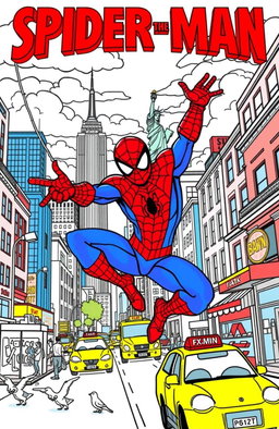 A vibrant and engaging coloring book page featuring a dynamic scene of Spider-Man swinging through the bustling streets of New York City