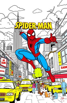 A vibrant and engaging coloring book page featuring a dynamic scene of Spider-Man swinging through the bustling streets of New York City