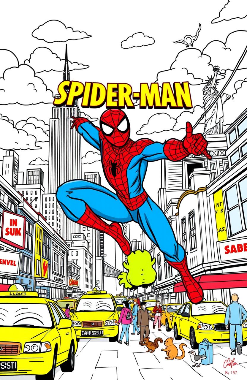 A vibrant and engaging coloring book page featuring a dynamic scene of Spider-Man swinging through the bustling streets of New York City