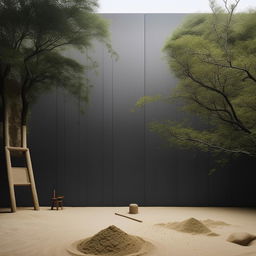 Ultra-detailed architecture photograph featuring a minimalist Japandi wall, complete with a small sand area, a decorative painting, a strategic ladder, and a rake.