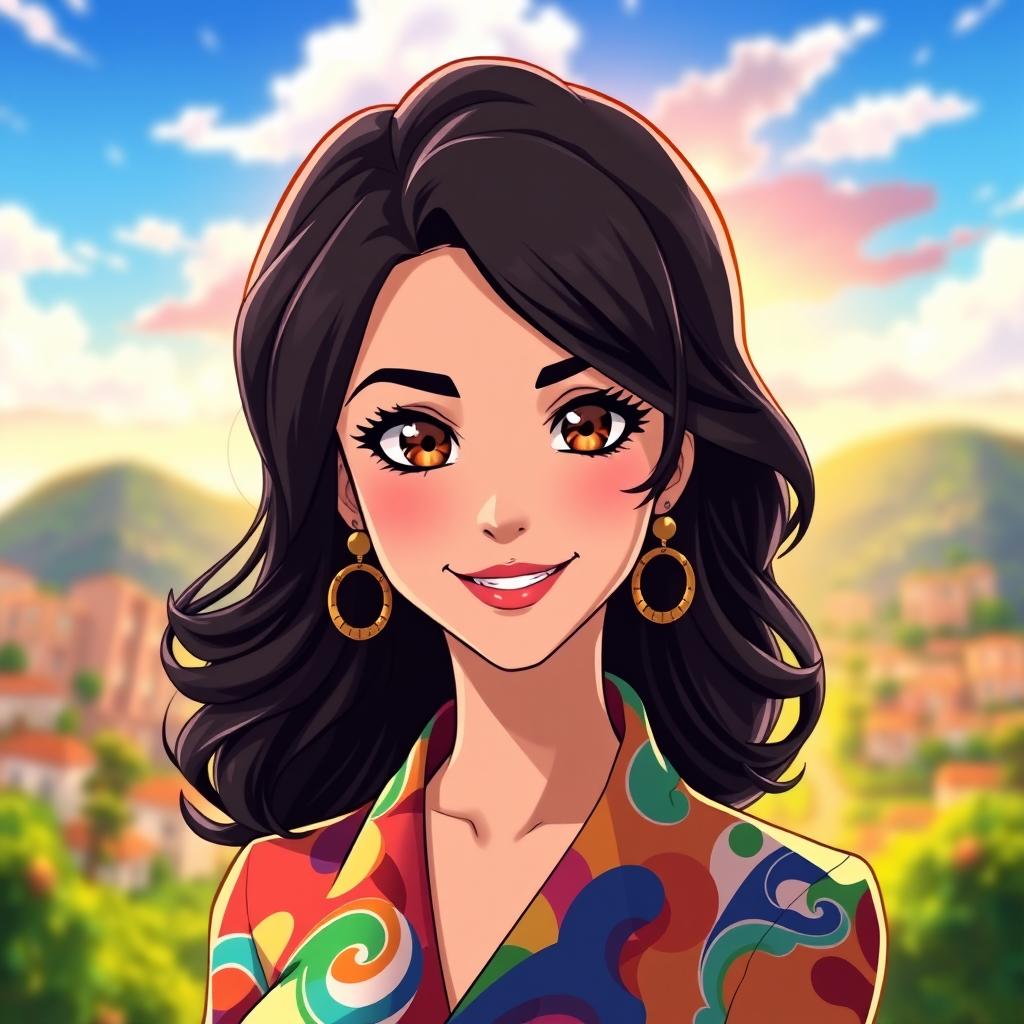 An animated portrait of Dilma Hynes, featuring her with a confident smile and striking features