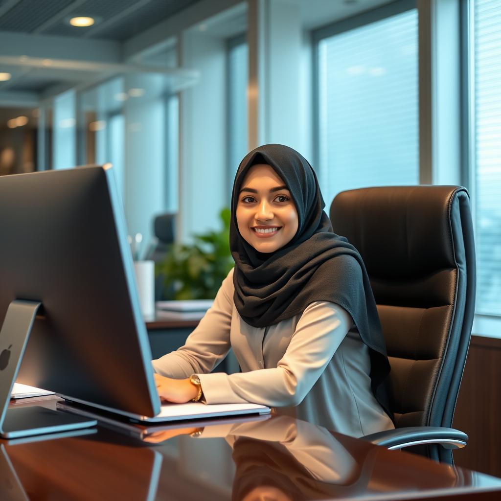 A 21-year-old woman named Nazanin Hamdani sitting at her office desk, serving as an assistant to a businessman