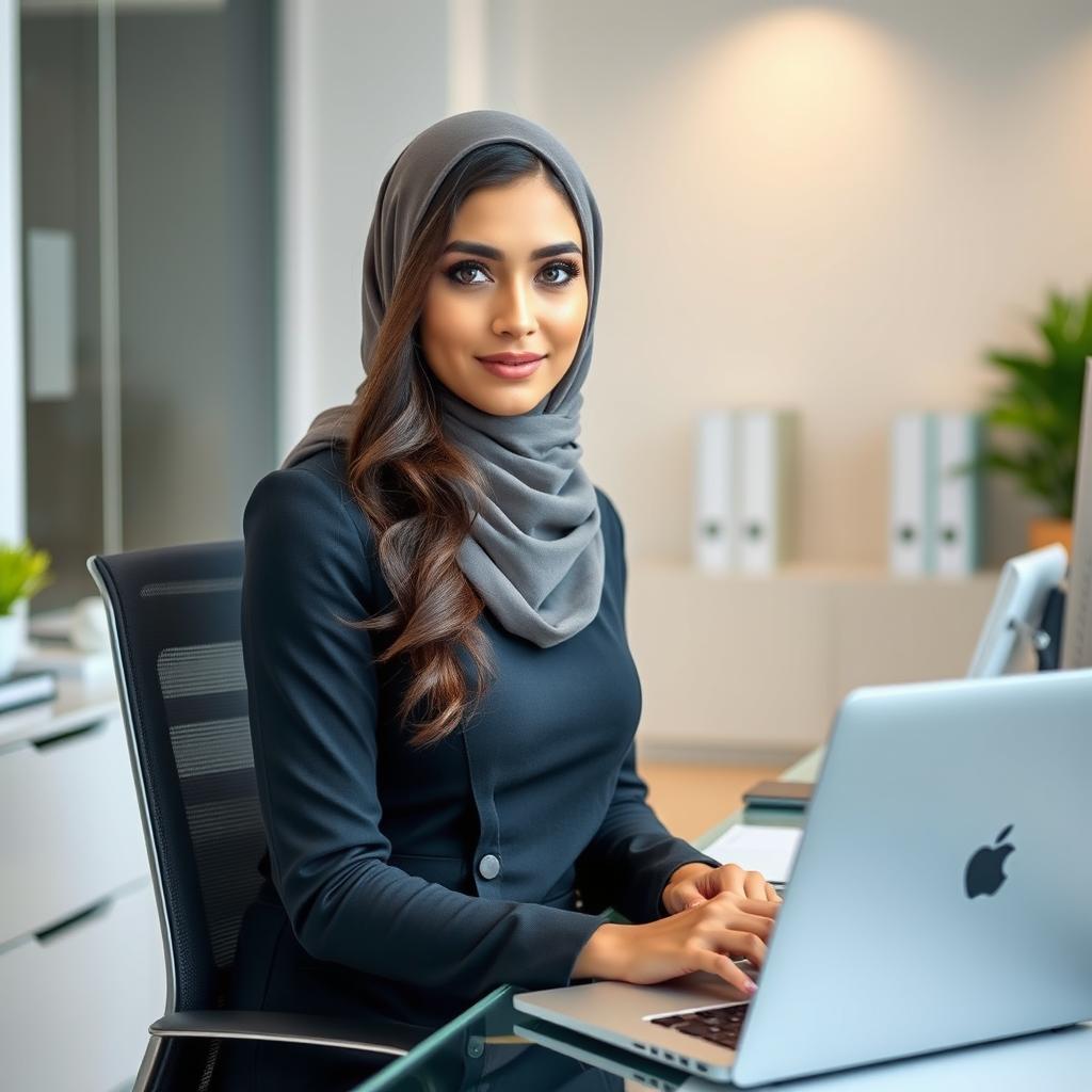 A stunning 21-year-old woman named Nazanin Hamdani, sitting at her office desk as an assistant to a businessman