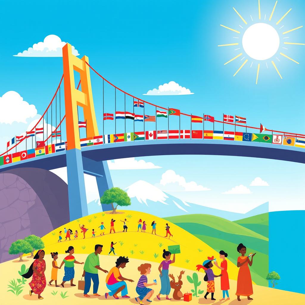 An artistic representation featuring a vibrant and colorful bridge symbolizing unity and connection between different cultures