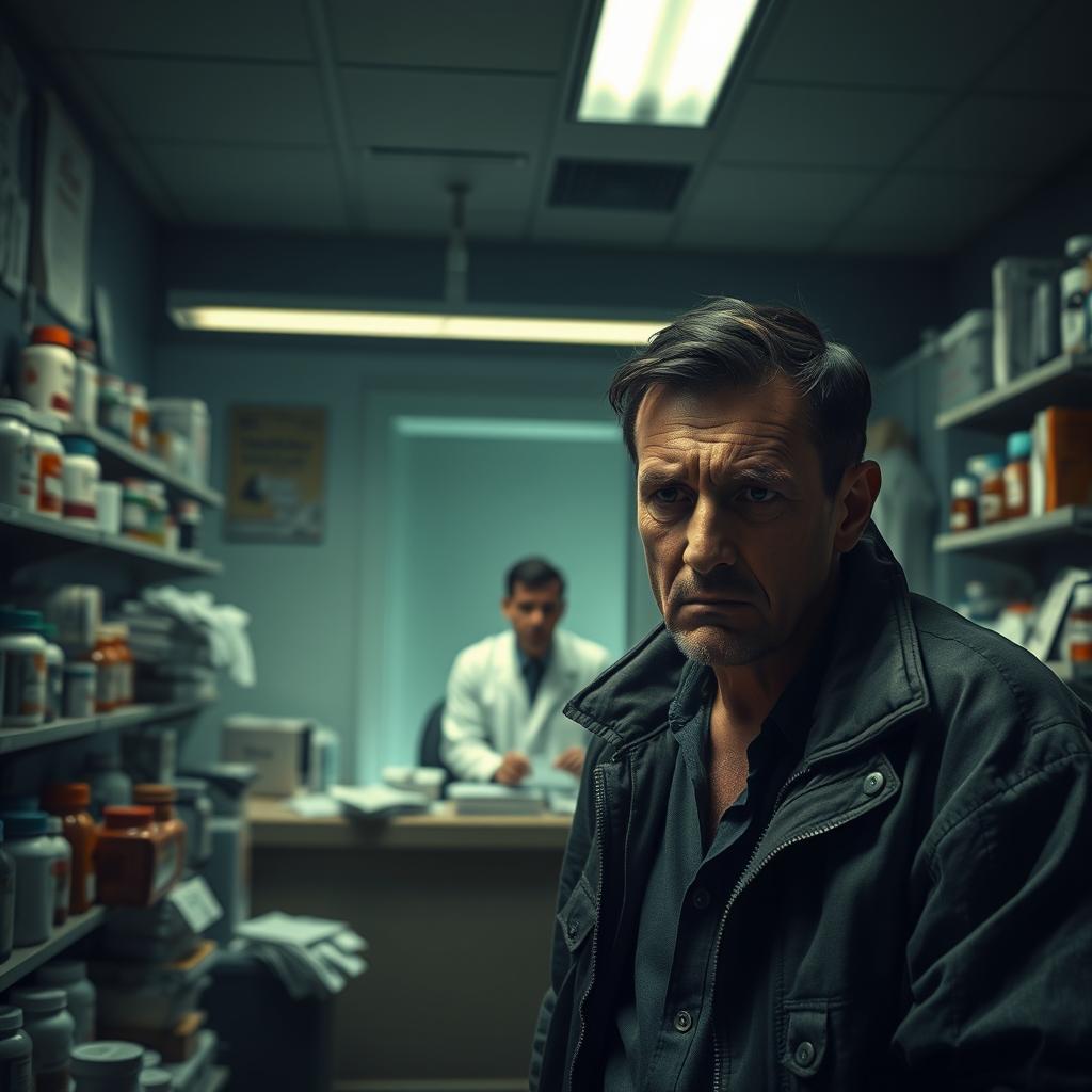 A dramatic scene set in a dimly lit, modern pharmacy office, depicting a desperate man named Mr
