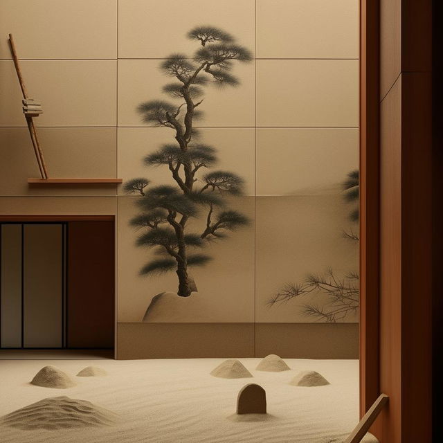 Ultra-detailed architecture photograph featuring a minimalist Japandi wall, complete with a small sand area, a decorative painting, a strategic ladder, and a rake.