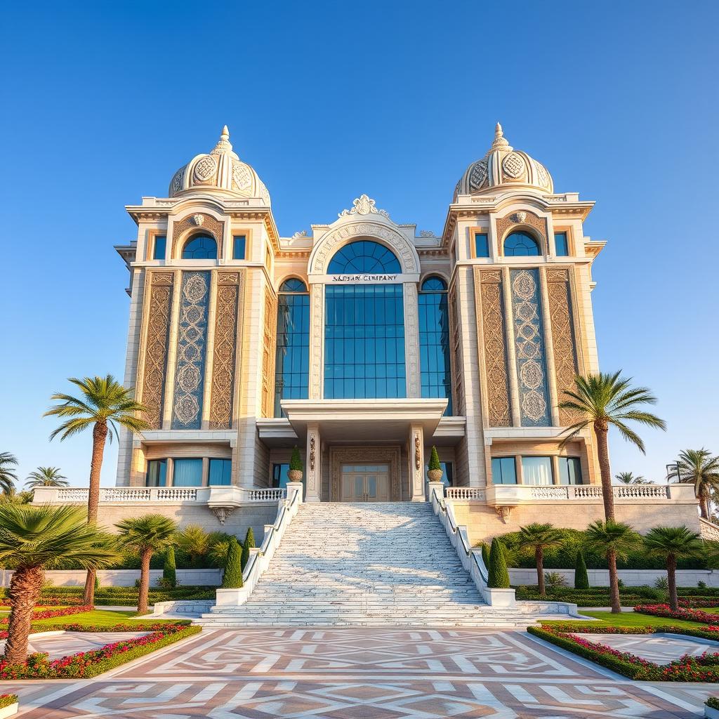 A grand and luxurious building named 'Saghar Company' located in Iran, showcasing magnificent architecture