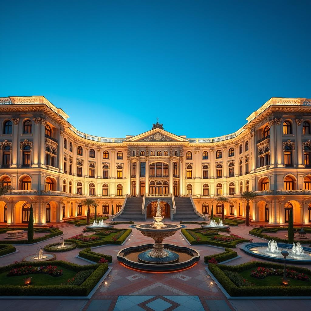 A grand and majestic building known as 'Saghar Company' located in Iran, showcasing an impressive architectural design with a formal and luxurious appearance