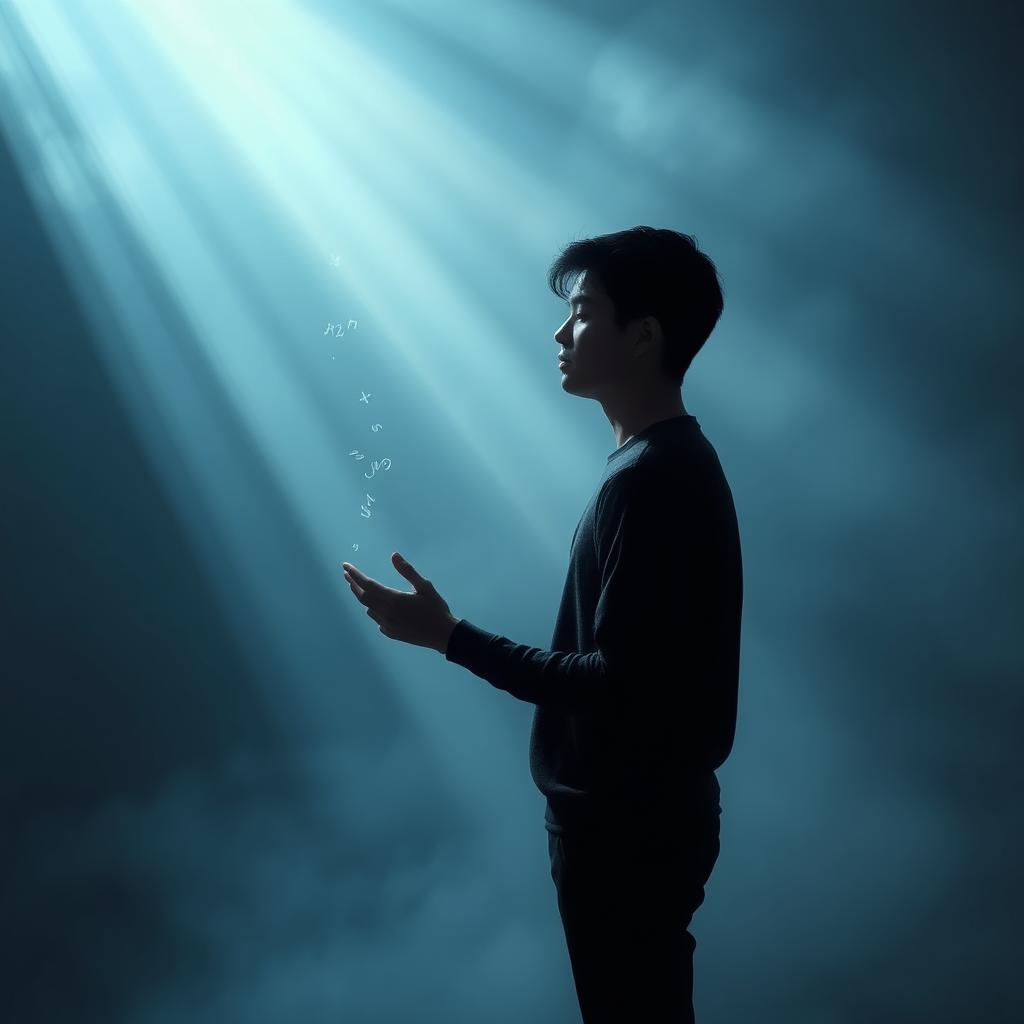 A young man standing alone in an abstract setting, attempting to write invisible symbols in the air with his fingertips, which fade away