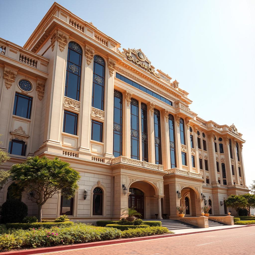 A majestic and grand administrative building named 'Saghar Company' located in Iran