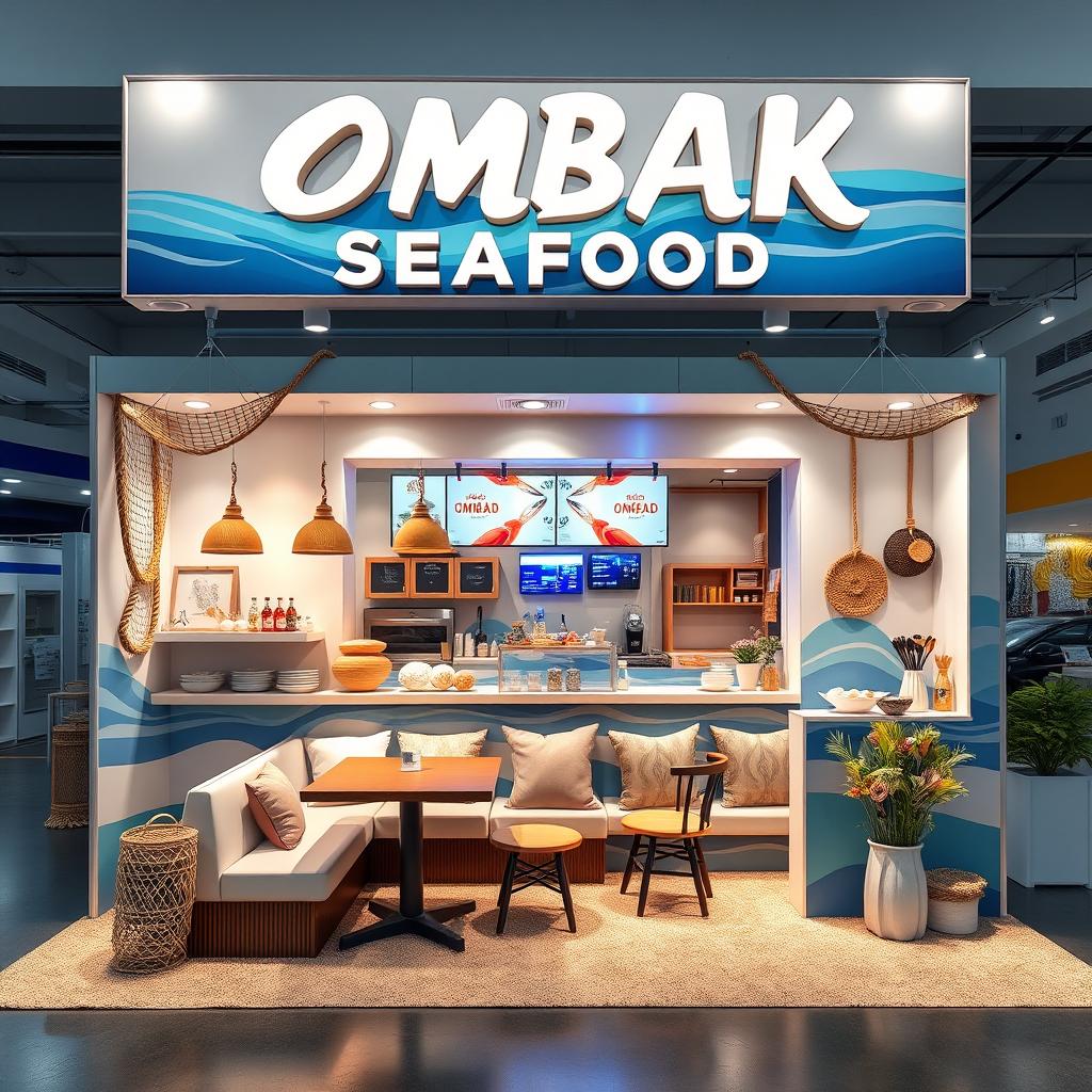 A vibrant and eye-catching booth design for a seafood culinary business named 'OMBAK SEAFOOD'