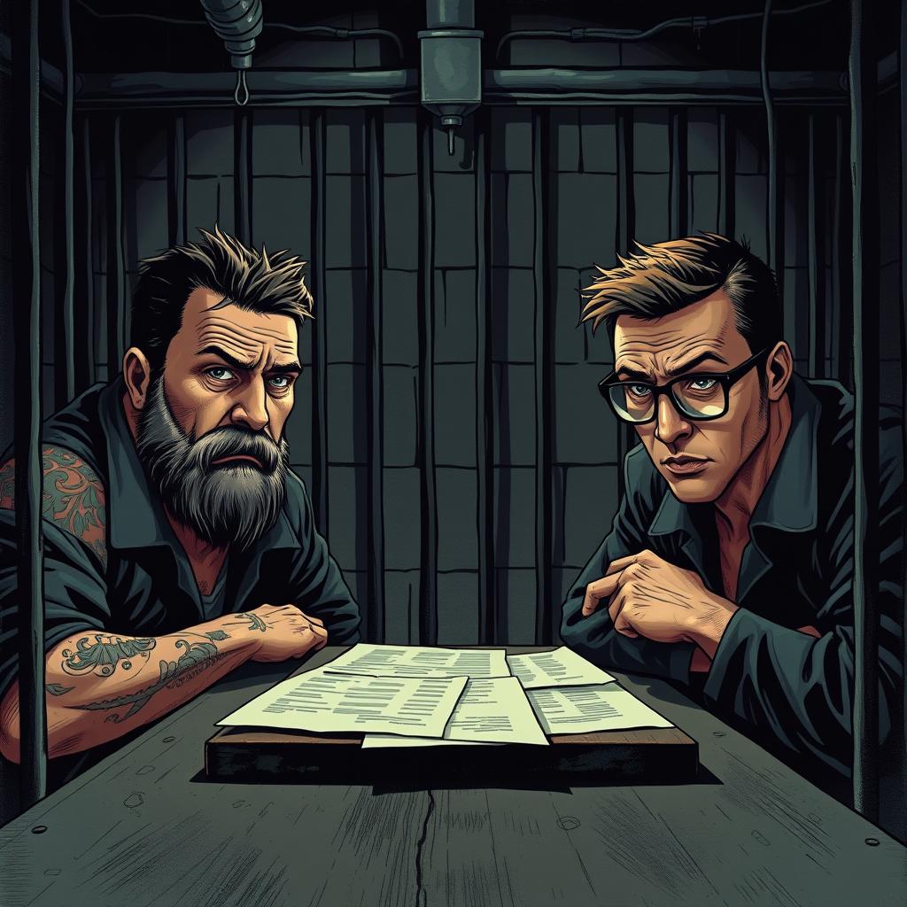 In an intense interrogation room setting, two separated members of a crime gang, one depicted as a rugged man with tattoos and a scruffy beard, and the other as a clean-cut individual wearing glasses, both displaying anxiety and tension as they sit alone in their individual cells