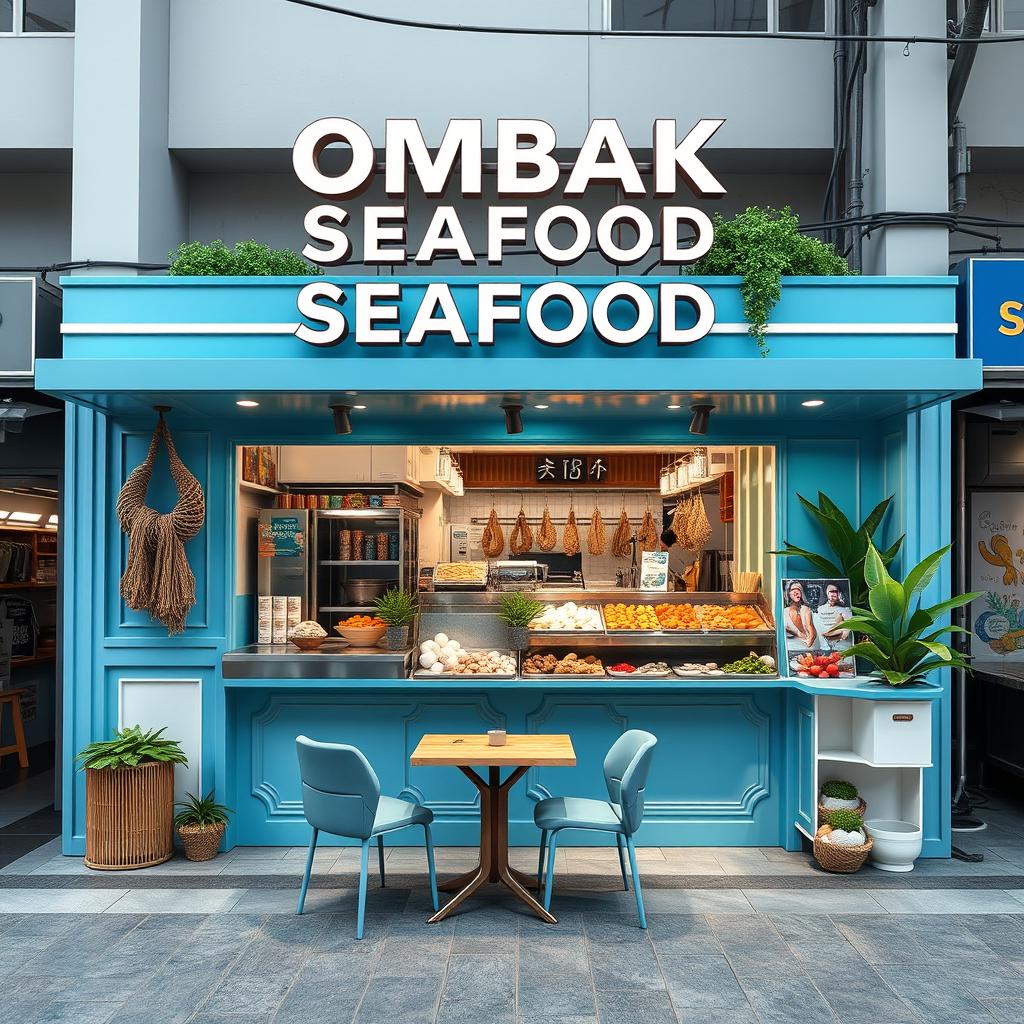 A vibrant and elegant street food booth design for 'OMBAK SEAFOOD', featuring a beautiful color palette that combines oceanic blues and whites