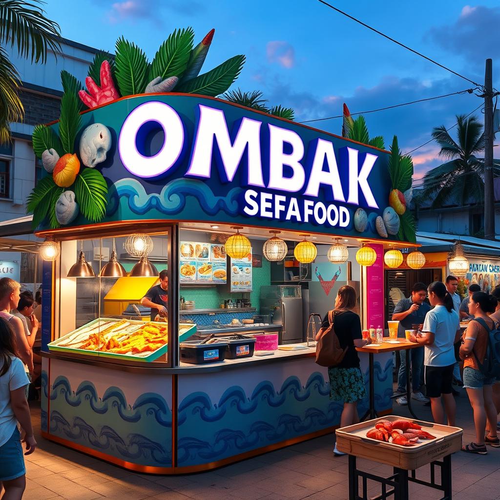 A vibrant and eye-catching street food booth for a seafood business named 'OMBAK SEAFOOD'