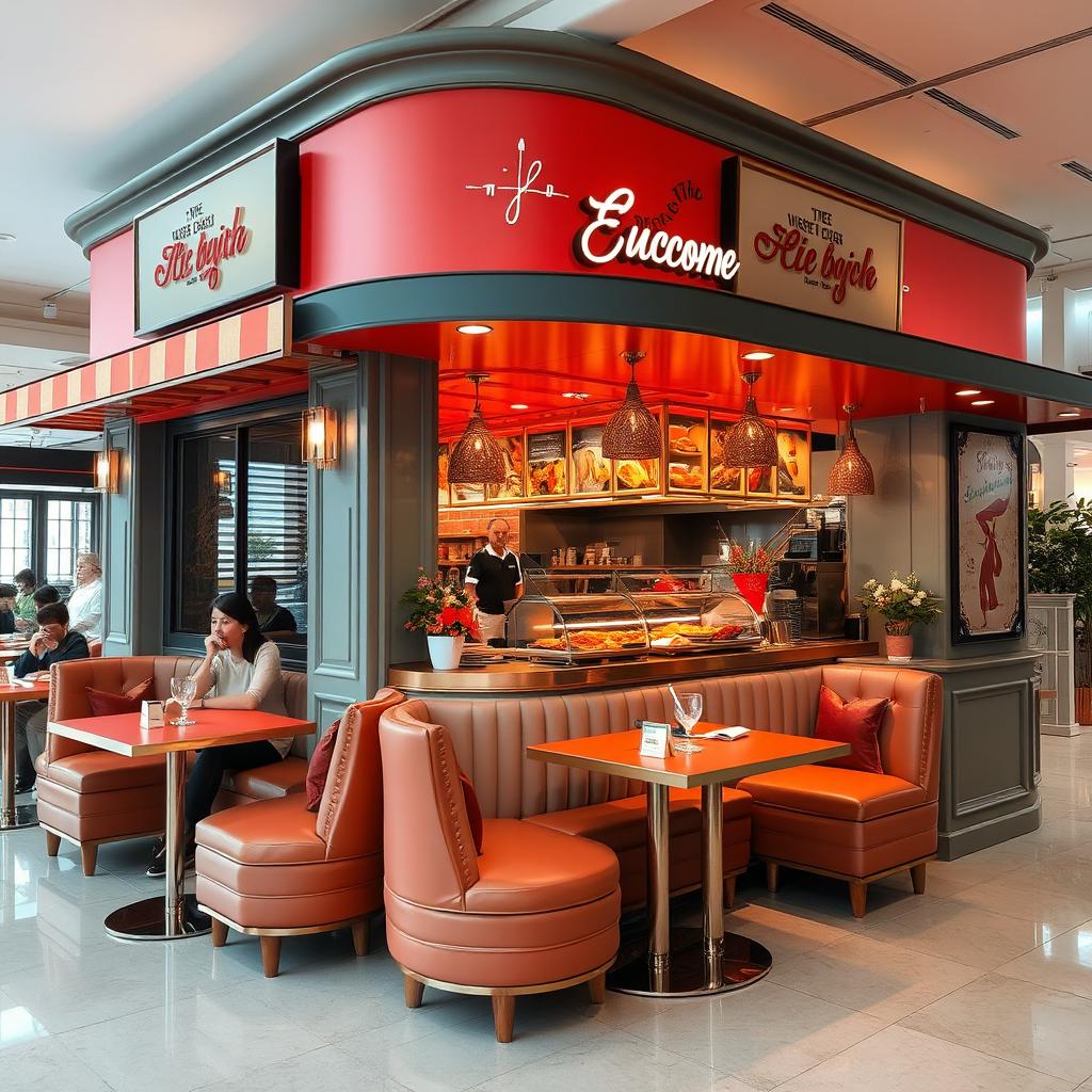 A beautifully designed food booth that is both attractive and elegant, featuring stylish seating arrangements for customers to enjoy their meals right in front of the booth